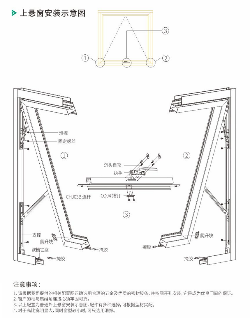 輕型上懸窗五金配件，上懸窗安裝示意圖